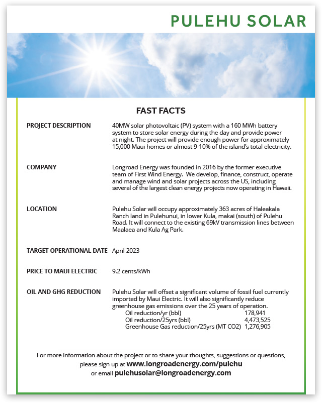 Pulehu Solar Fast Facts